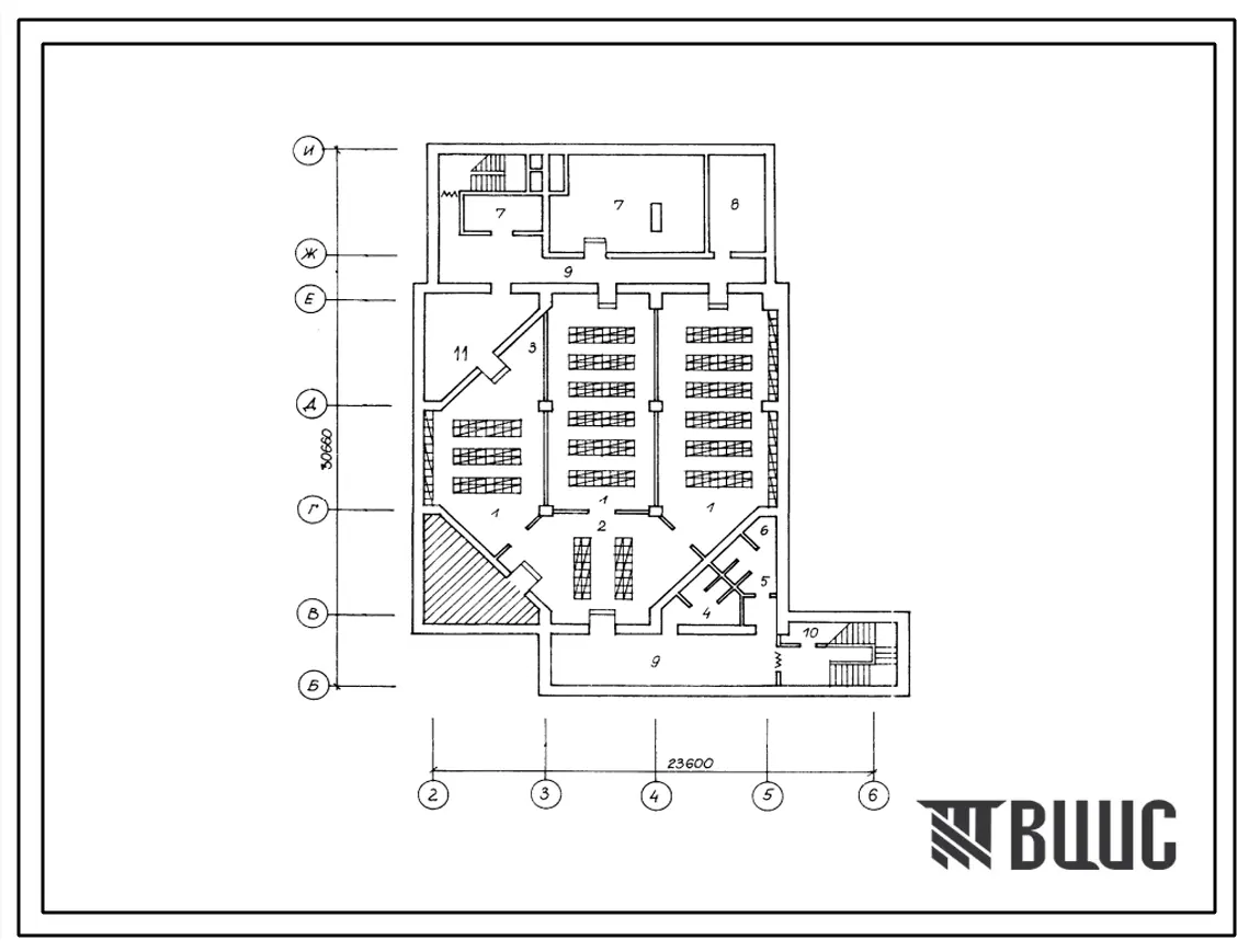 Типовой проект П-4-385(264-12-246.85) Хозяйственно-бытовые помещения в подвале клуба (стены кирпичные) на 375 посетителей (зал на 300 мест), (убежище на 385 человек, размеры убежища 30,66м на 23,6м, режимы вентиляции 1,2).