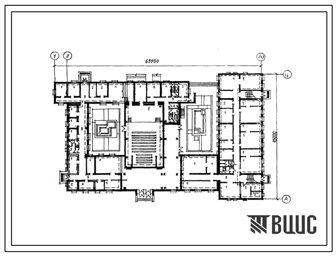 Типовой проект П-5-1856(224-5-1сп.83) Помещения 1 этажа дома пионеров и школьников на 150 посещений с залом на 200 мест (убежище на 1856 человек, размеры убежища 65,9м на 45м, режимы вентиляции 1,2).