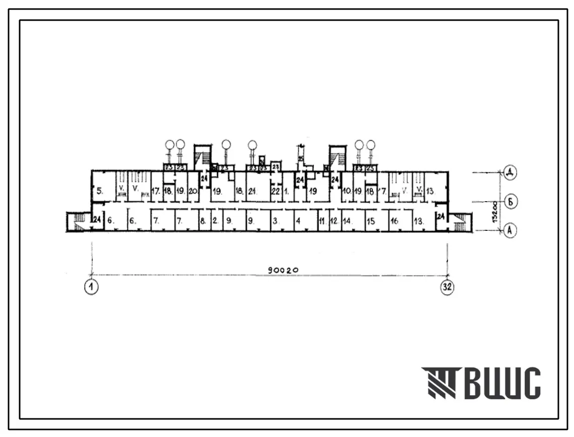 Типовой проект А-IV-1300-79/193 Помещения общественного назначения в подвале 5 этажного 6 секционного жилого дома 3-83-24/1, (убежище на 1300 человек, размеры убежища 90,02м на 13,2м, режимы вентиляции 1,2).