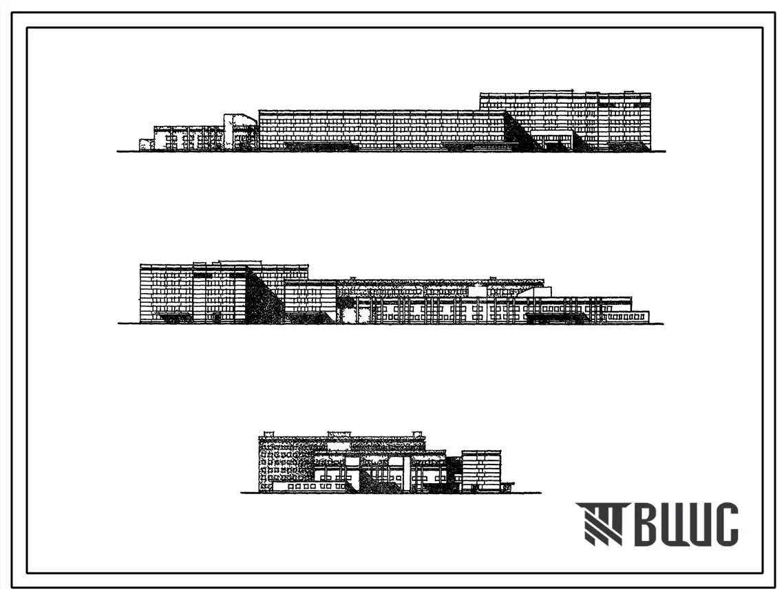 Типовой проект 252-1-113 Главный корпус районной больницы на 400 коек с поликлиникой на 600 посещений в смену. Здание двух -, шестиэтажное. Каркас сборный железобетонный по серии ИИ-04. Стены из легкобетонных панелей и кирпича.