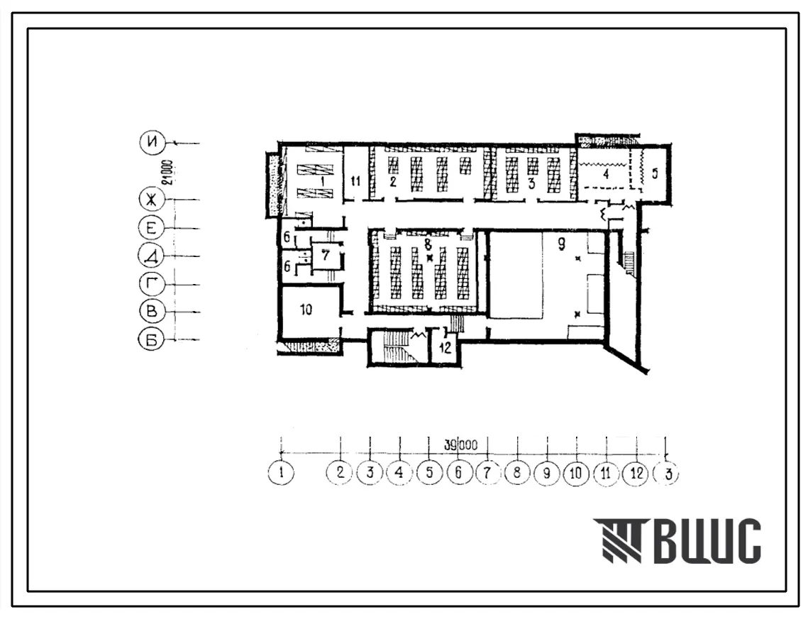 Типовой проект П-4-420(264-12-218) Хозяйственно-бытовые помещения в подвале городского клуба (стены кирпичные) с залом на 300 мест, (убежище на 420 человек, размеры убежища 39м на 21м, режимы вентиляции 1,2).