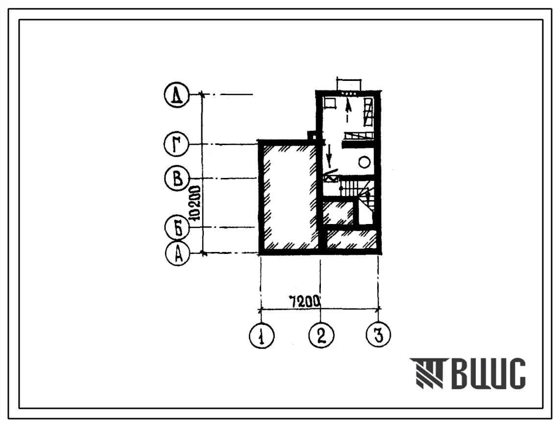 Типовой проект П-5-10(141-210-21(1.2)) Бытовые помещения в подвале жилого дома двух-этажного 1-квартирного с квартирой в двух уровнях 3б, (убежище на 10 человек, размеры убежища 10,2м на 7,2м, режимы вентиляции 1,2).