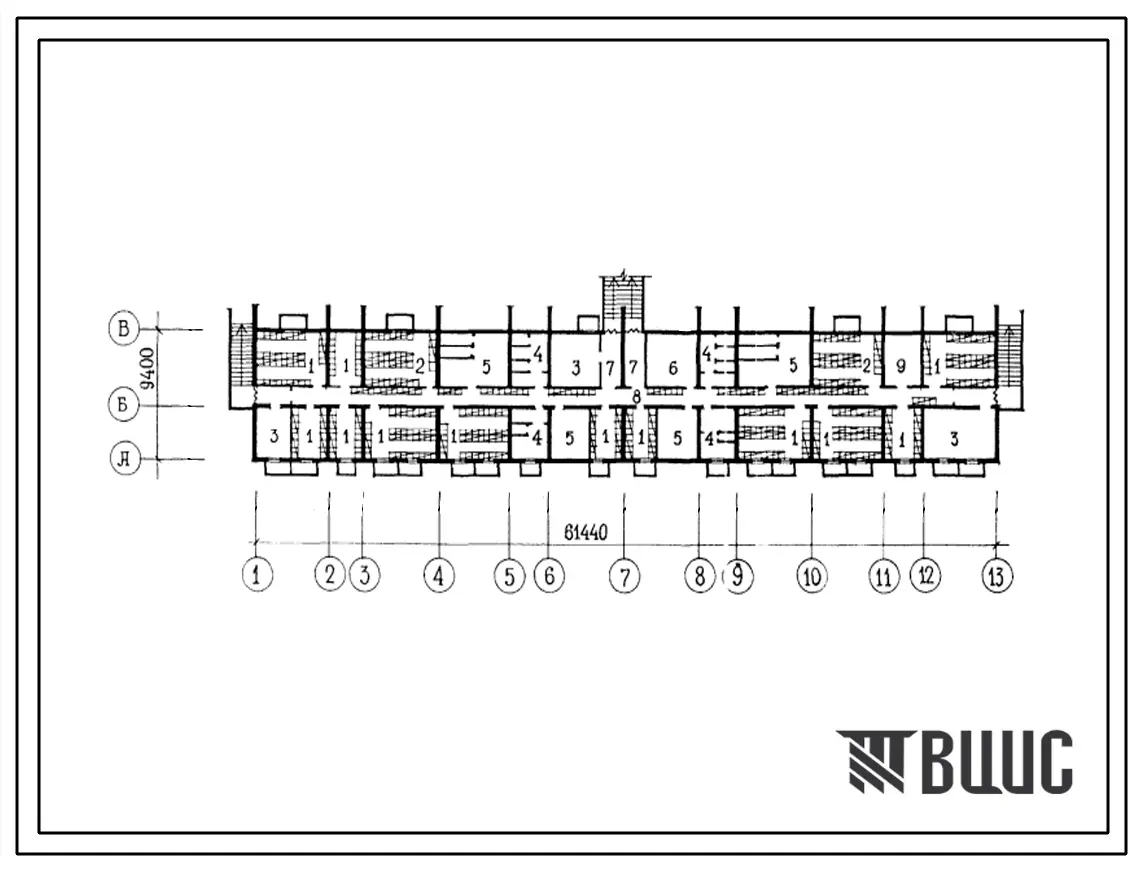 Типовой проект П-3-655(114-77-70сп.84) Помещения общественного назначения в подвале 4-этажного 4-секционного дома на 32 квартиры типа 2Б и 3А, (убежище на 655 человек, размеры убежища 61,44м на 9,4м, режимы вентиляции 1,2).