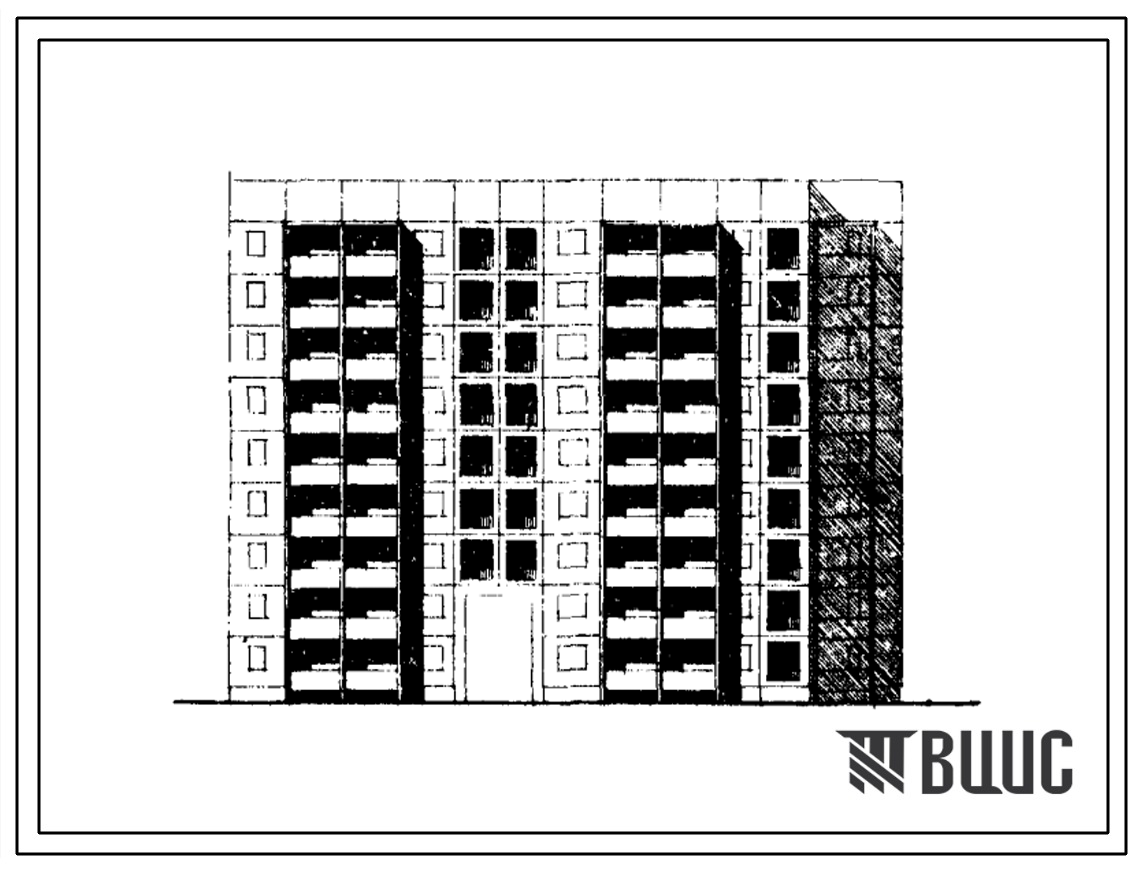 Типовой проект 105-038с/1 Блок-секция девятиэтажная 72-квартирная (двухкомнатных 2Б — 31, трехкомнатных 3Б — 9, четырехкомнатных 4Б — 32) с проездом (угловая правая). Для строительства в районах чейсмичностью 8 баллов.