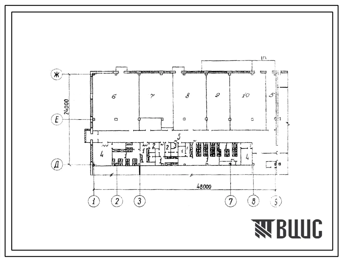 Типовой проект Б-2-250(412-1-22) Бытовые помещения 1 этажа главного производственного здания мясоперерабатывающего завода,мощностью 40 тонн мяса в смену, (убежище на 250 человек, размеры убежища 48м на 24м, режимы вентиляции 1,2,3).