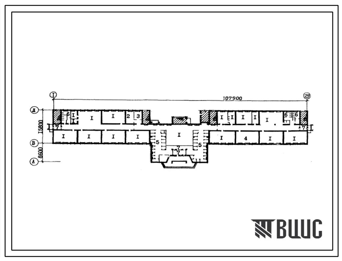 Типовой проект П-5-1400(225-1-382с) Помещения первого этажа общеобразовательной школы на 33 класса (1251-1296 учащихся), (убежище на 1400 человек, размеры убежища 107,9м на 24,4м, режимы вентиляции 1,2).