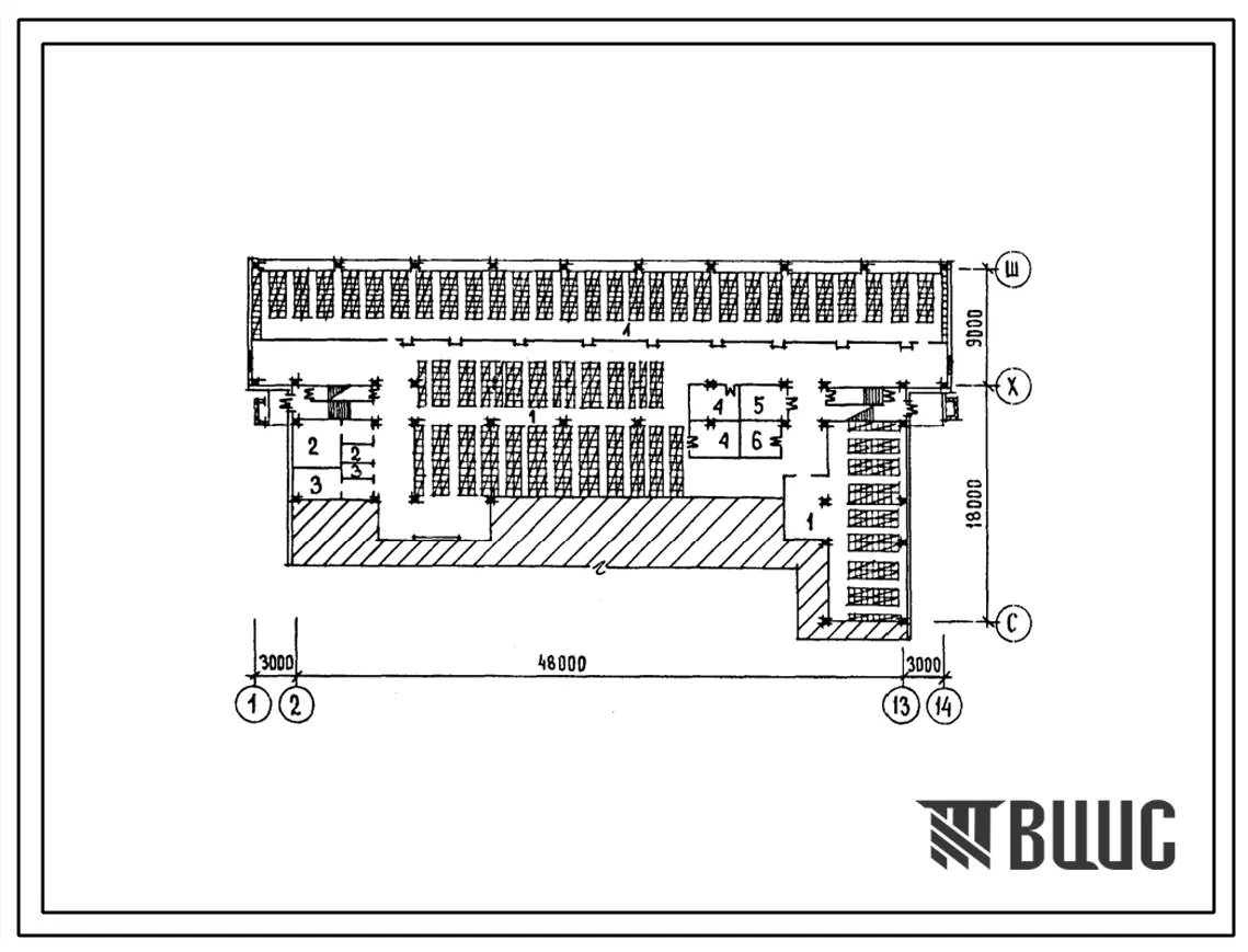 Типовой проект П-4-1150(232-1-138.86) Хозяйственно-бытовые помещения подвале профтехучилища на 960 учащихся в комплексе с УПМ, (убежище на 1150 человек, размеры убежища 54м на 27м, режимы вентиляции 1,2).