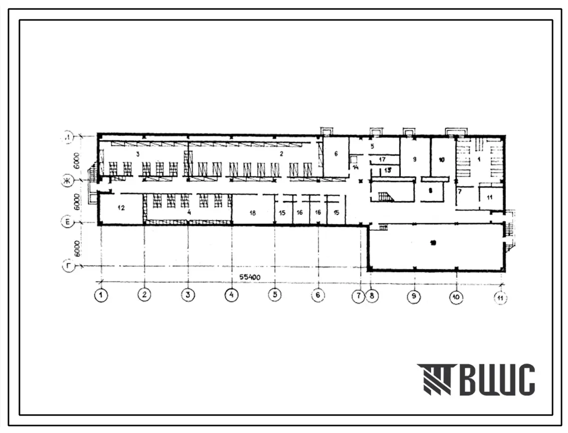 Типовой проект П-4-275(222-1-678с.13.90) Хозяйственно-бытовые помещения в подвале средней общеобразовательной школы на 11 классов, (убежище на 275 человек, размеры убежища 55,4м на 18м, режимы вентиляции 1,2).