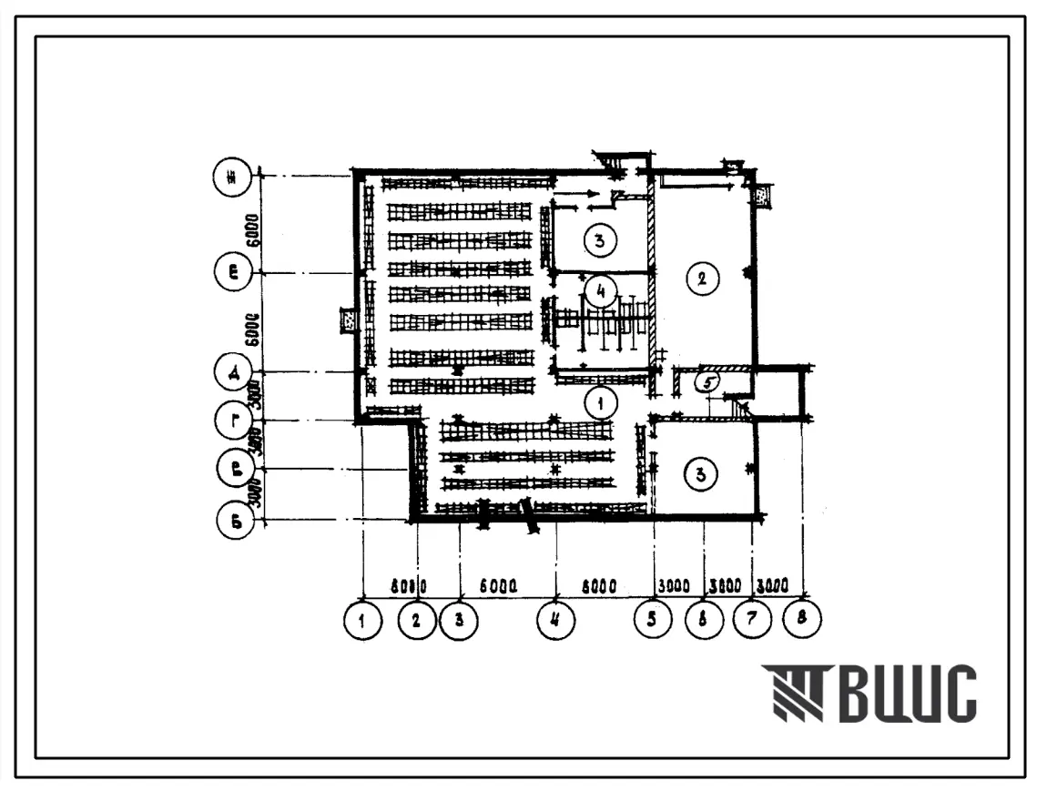 Типовой проект Б-2-500(262-21-27) Помещения подвала,административного здания для поселков на 3500 жителей, (убежище на 500 человек, размеры убежища 27м на 21м, режимы вентиляции 1,2).