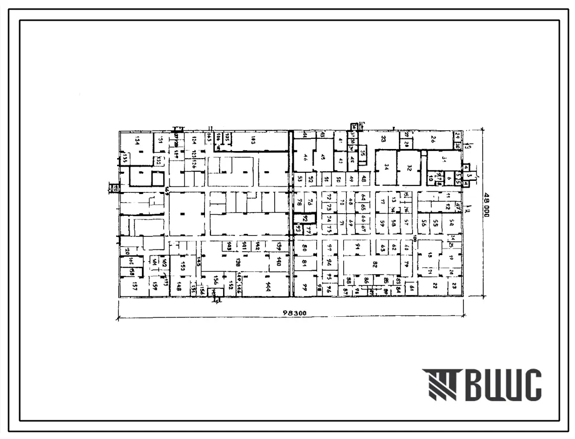 Типовой проект В-IV-225-50.90 Заглубленное здание вспомогательного назначения. Стены из железобетонных панелей по серии У-01-01/80 (для сухих и водонасыщенных грунтов). (убежище на 225 человек, размеры убежища 98м на 48м, режимы вентиляции убежища 1,2,3)
