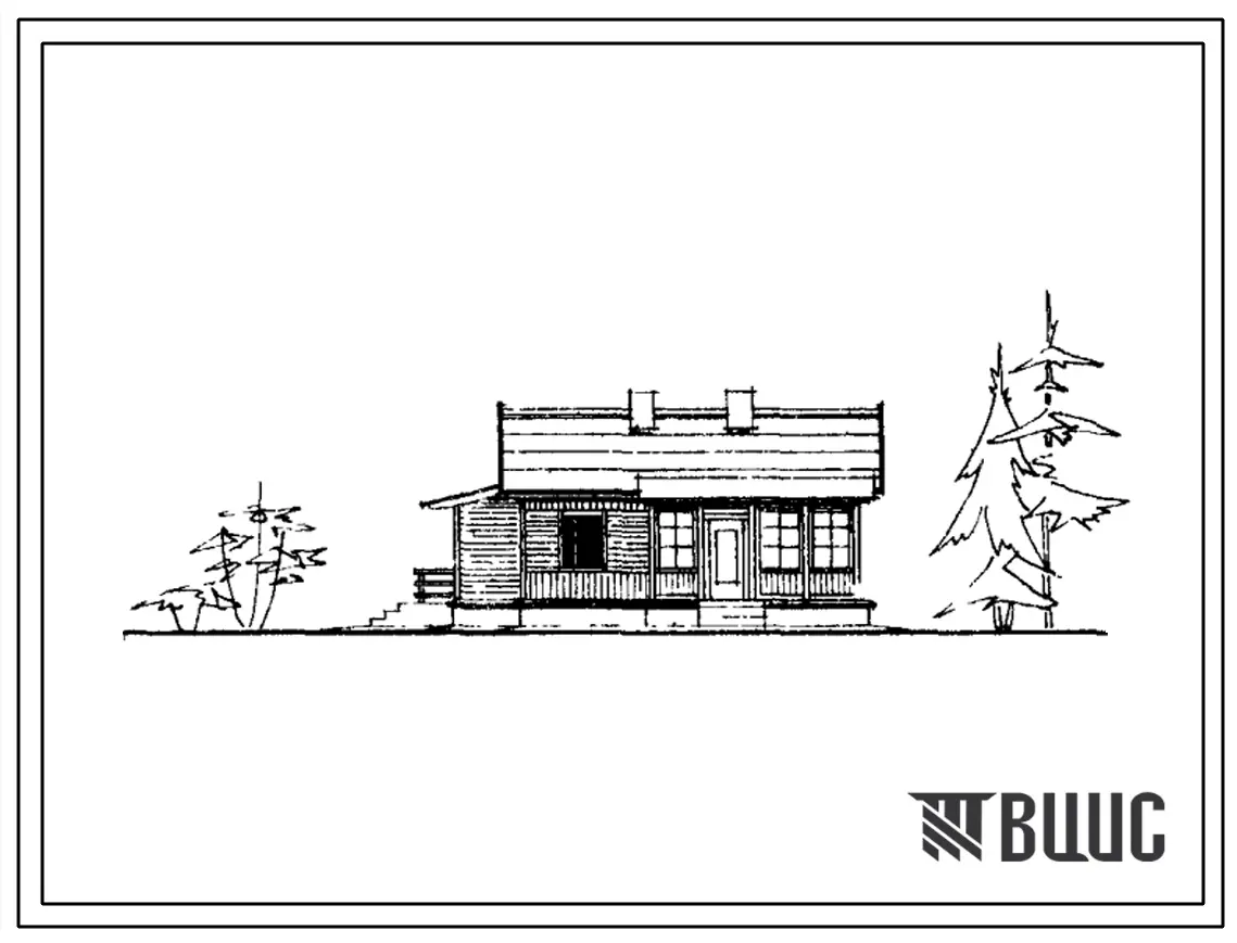 Типовой проект 1-50Б-17 Одноэтажный одноквартирный жилой дом с квартирой в 2 комнаты с упрощенным благоустройством, стены брусчатые.