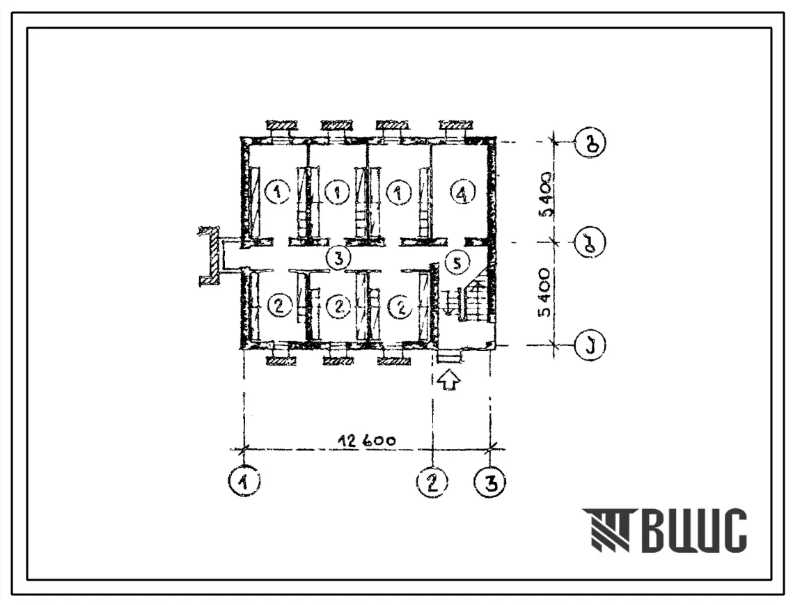 Типовой проект П-5-36(123-17-150с.13.90) Подсобные помещения цокольного этажа 3-этажной блок-квартиры (правый блок) с 4-комнатными квартирами, (убежище на 36 человек, размеры убежища 12,6м на 10,8м, режимы вентиляции 1).