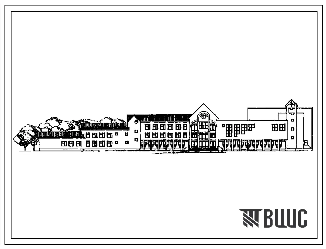 Типовой проект 224-1-697.91 Школа на 11 классов (422 учащихся) с выделенным блоком клубно-спортивных помещений. Здание одно-, двух-, трехэтажное. Стены из кирпича.