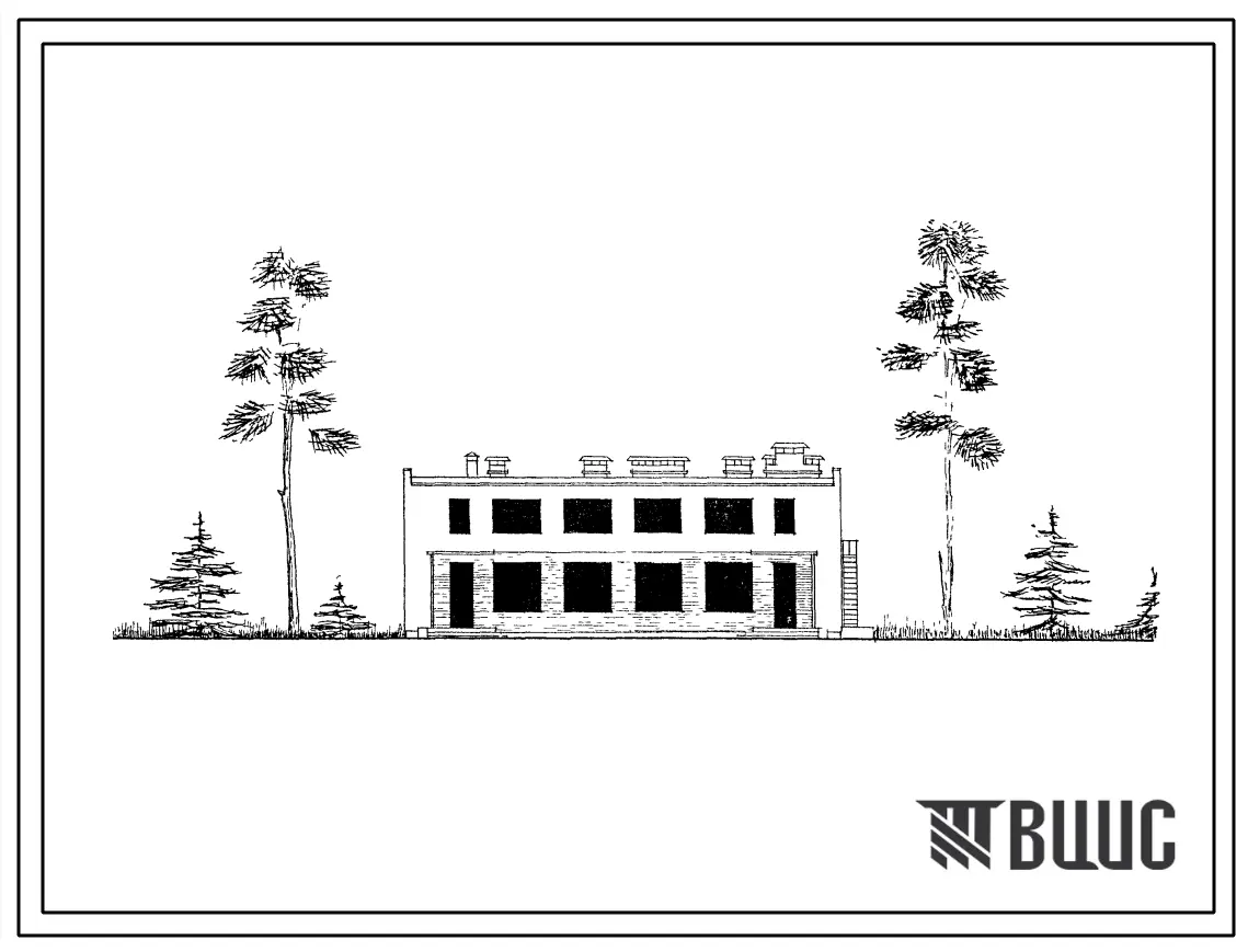 Типовой проект 284-5-4 Дом приезжих на 14 мест с чайной на 28 посадочных мест. Для строительства во II климатической зоне. Здание двухэтажное со стенами из кирпича.