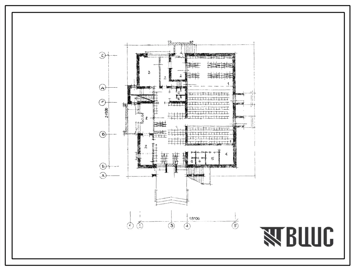 Типовой проект Б-3-267(264-12-181) Двойное использование помещений первого этажа сельского клуба с залом на 150 мест со стенами из кирпича, (убежище на 267 человек, размеры убежища 21м на 18м, режимы вентиляции 1).
