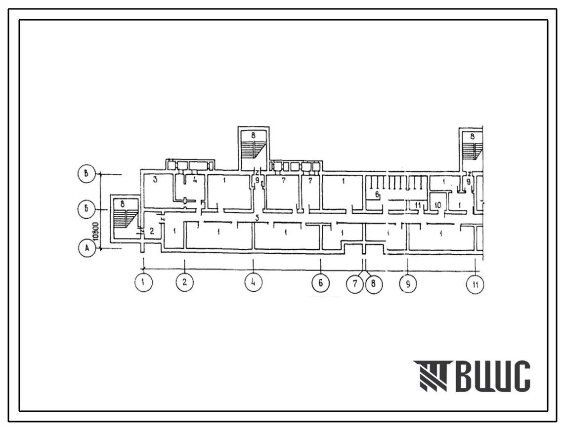 Типовой проект А-IV-1600(113-87-70.3.87) Помещения общественного назначения,размещаемые в подвале 5 этажного шестисекционного дома на 89 квартир, (убежище на 1600 человек, размеры убежища 103,84м на 10,8м, режимы вентиляции 1,2).