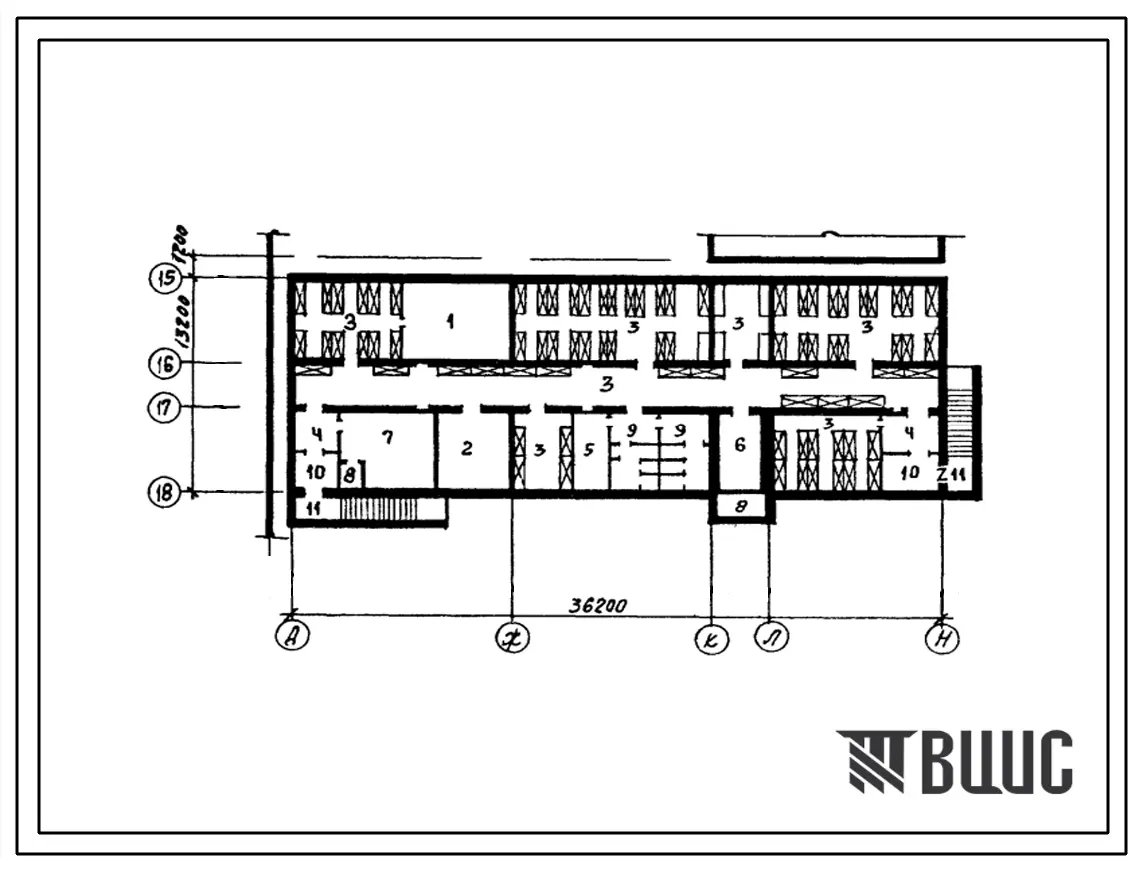 Типовой проект П-1-300(254-1-149.2с.87) Вспомогательные помещения в подвале главного корпуса участковой больницы на 50 коек с поликлиникой на 100 посещений в смену, (убежище на 300 человек, размеры убежища 36,2м на 14,4м, режимы вентиляции 1,2).