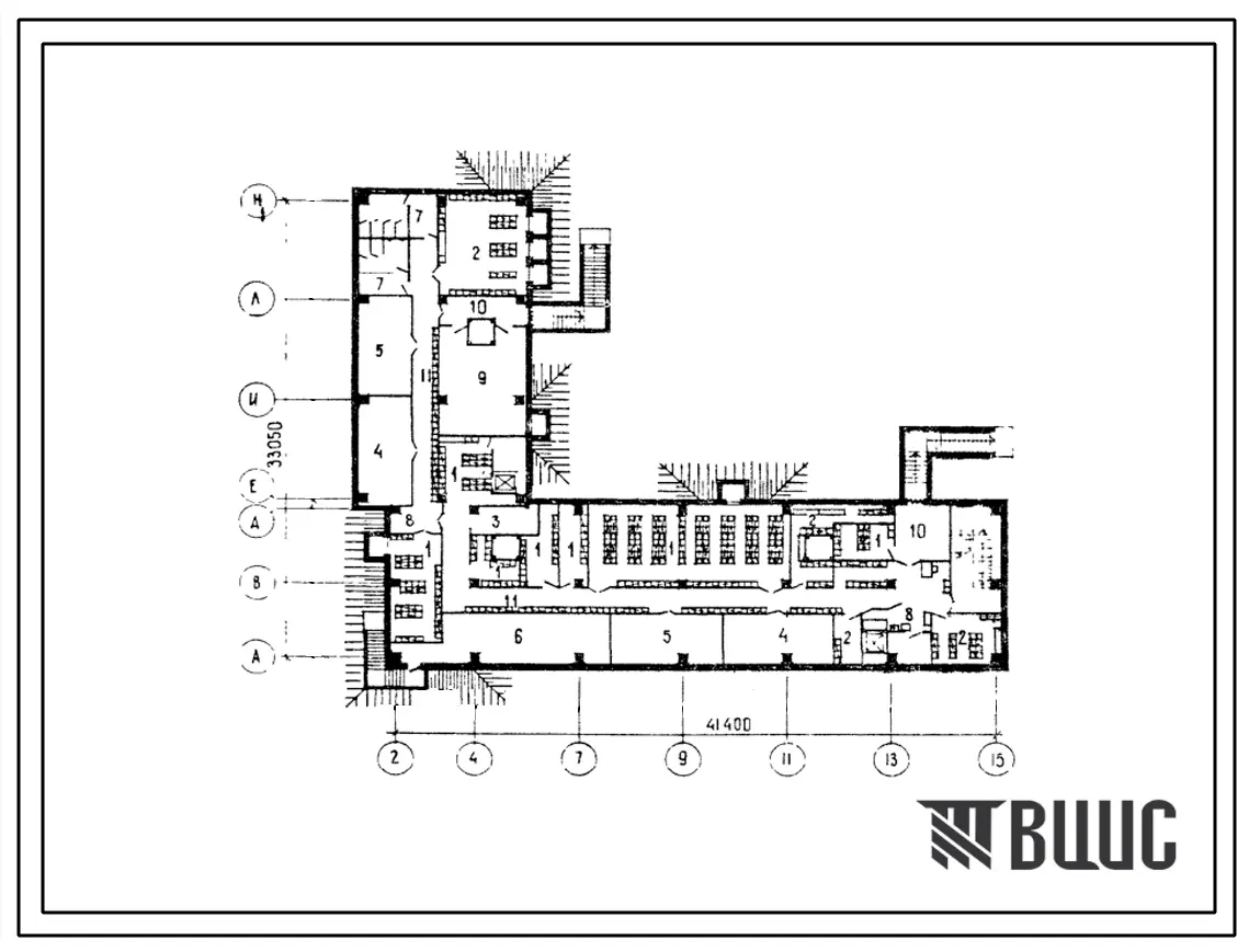 Типовой проект П-2-600(111-105-148с13.89) Помещения общественного назначения в подвале 9-этажного 3-секционного 70-квартирного жилого дома, со встроенным магазином «обувь», (убежище на 600 человек, размеры убежища 41,4м на 33,05м, режимы вентиляции 1,2).