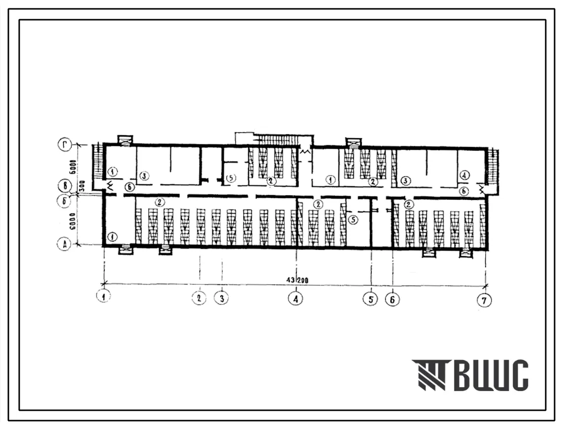 Типовой проект Б-1-600(163-17-50.1) Помещения общественного назначения в подвале общежития на 106 мест/со стенами из крупных легкобетонных блоков,(убежище на 600 человек, размеры убежища 43,2м на 12,3м, режимы вентиляции 1).