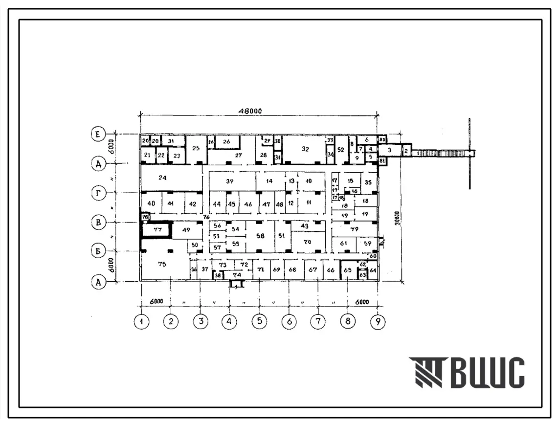 Типовой проект В-IV-75-49.89 Заглубленное здание вспомогательного назначения. Стены из железобетонных панелей по серии У-01-01/80. (убежище на 75 человек, размеры убежища 48м на 30,8м, режимы вентиляции 1,2,3.