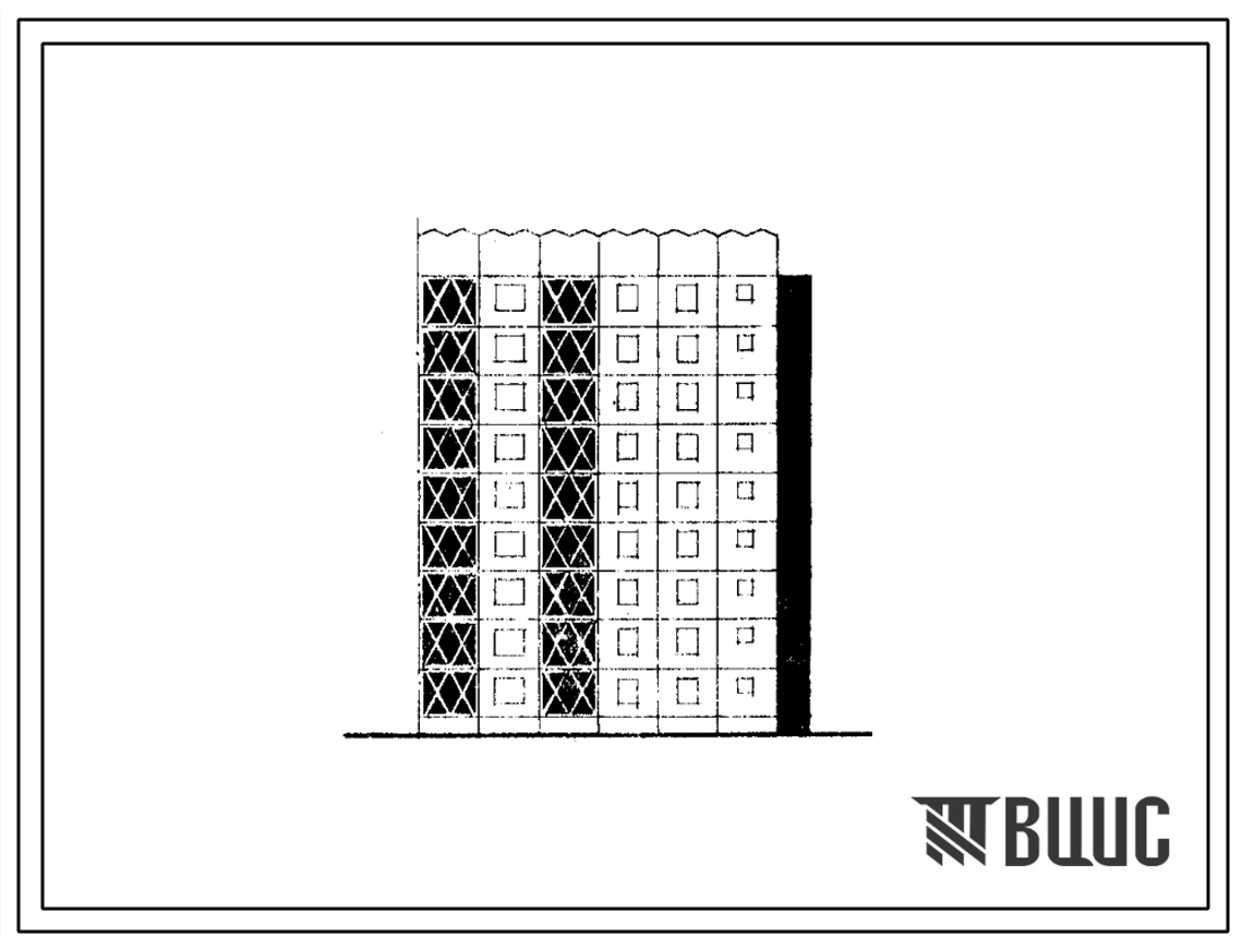 Типовой проект 105-041с/1 Блок-секция девятиэтажная 27-квартирная торцовая правая (однокомнатных 1Б — 9, двухкомнатных 2Б — 9, четырехкомнатных 4Б — 9). Вариант с шагом поперечных стен 3,6 м. Для строительства в III климатическом районе Киргизской ССР сей