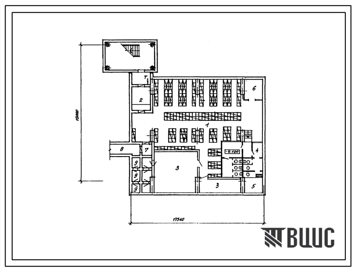 Типовой проект А-2-300(416-3-26С.89) Помещения технической учеб в подвале областного вычислительного центра и группы для сейсмических районов ,приспособленные под убежища (убежище на 300 человек, размеры убежища 18м на 17,54 м, режимы вентиляции 1,2).