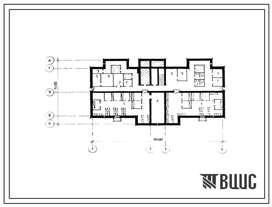 Типовой проект П-4-100(67-057с.13.89) Помещения хозяйственного назначения в подвале 5-этажной 20-квартирной рядовой блок-секции, (убежище на 100 человек, размеры убежища 26,4м на 14,4м, режимы вентиляции 1,2).