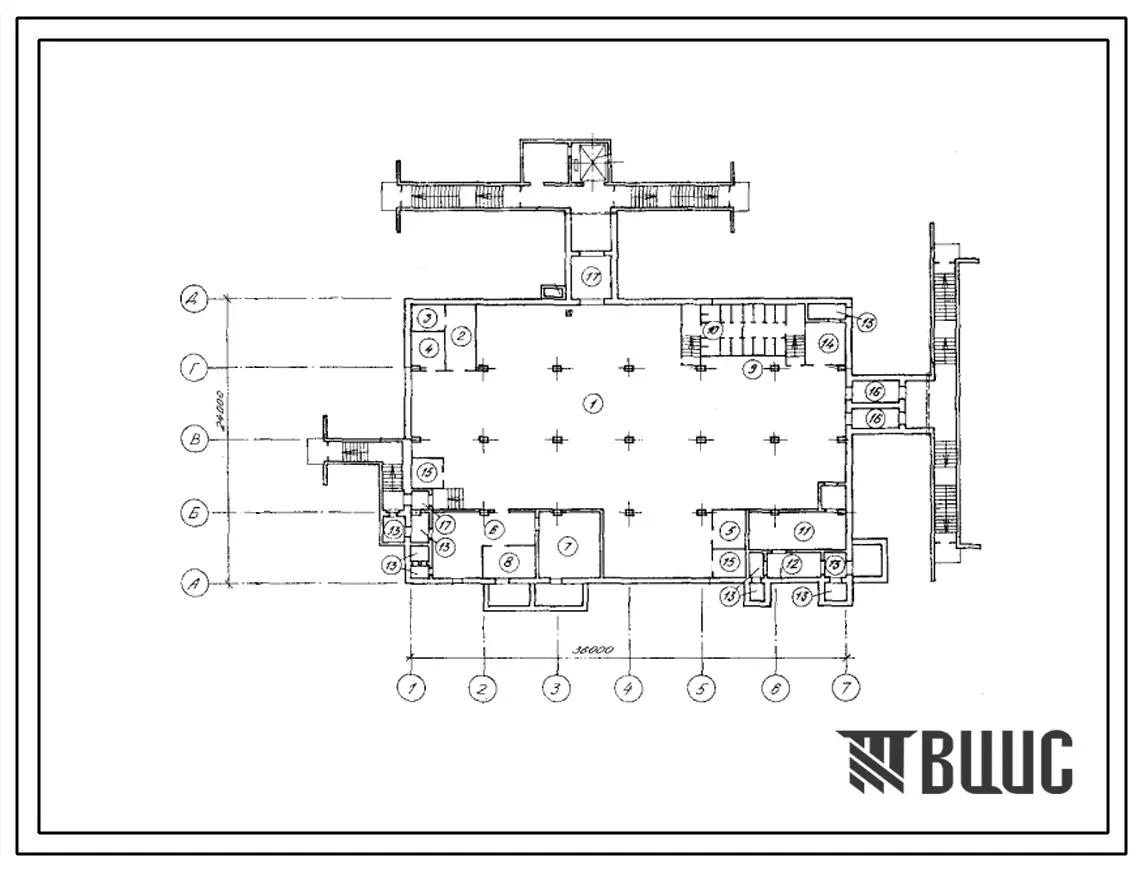Типовой проект А-IV-1200-478.90 Сооружение отдельно стоящее заглубленное. Стены монолитные железобетонные (убежище на 1200 человек, размеры убежища 36м на 24м, режимы вентиляции 1,2,3).