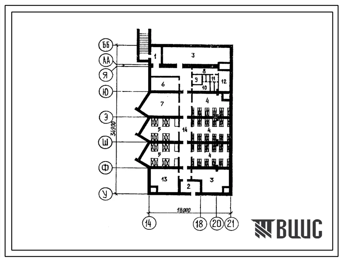 Типовой проект Б-1-300(212-3-24) Хозяйственно-бытовые помещения в подвале главного корпуса дома-интерната для инвалидов от 18 до 45 лет с поражением опорнодвигательного аппарата, (убежище на 300 человек, размеры убежища 34,м на 18м, режимы вентиляции 1,2)
