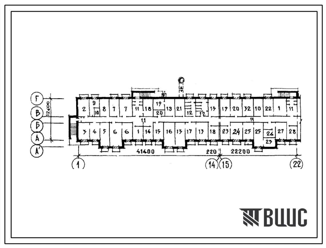 Типовой проект Б-1-1700-80.310 Помещения общественного назначения в подвале 5-этажного 6-секционного жилого дома, скомпонованного из блок-секций 92-018с,92-020с/1,(убежище на 1700 человек, размеры убежища 63,82м на 12,5м, режимы вентиляции 1,2).