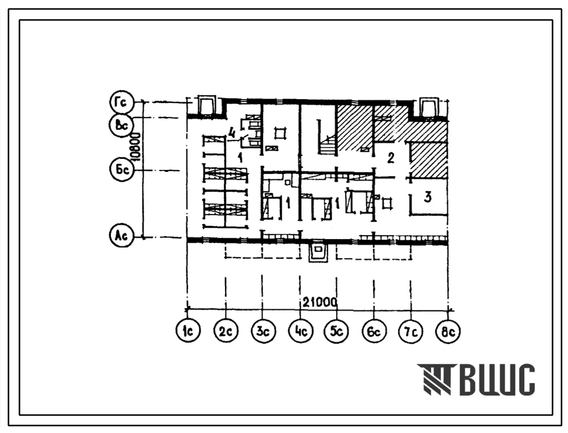 Типовой проект П-4-90(26-0109.13.87) Хозяйственные помещения в подвале 4-этажной 12-квартирного рядовой блок-секции с торцовыми окончаниями 1—3-3, (убежище на 90 человек, размеры убежища 21м на 10,8м, режимы вентиляции 1,2).