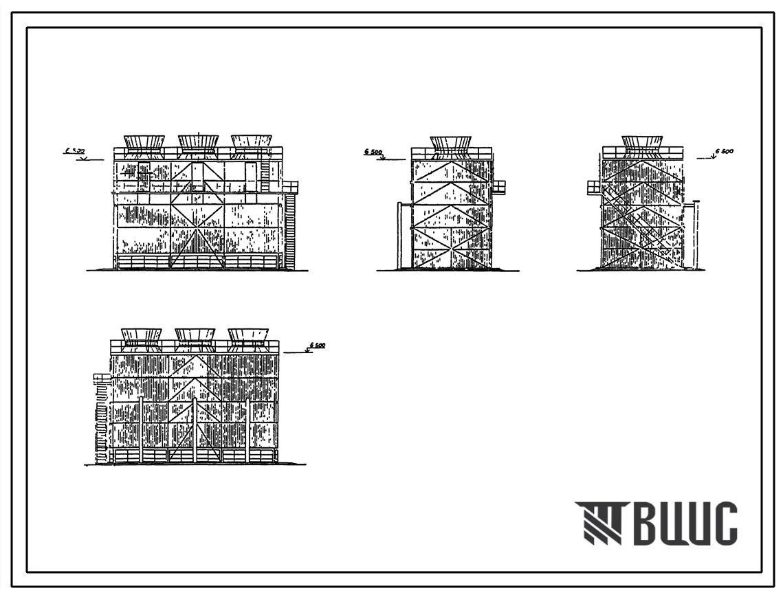 Типовой проект 901-6-69.84 Градирня трехсекционная с вентиляторами 3ВГ25 пленочная с секиями площадью 16 кв.м со стальным каркасом и пластмассовым оросителем