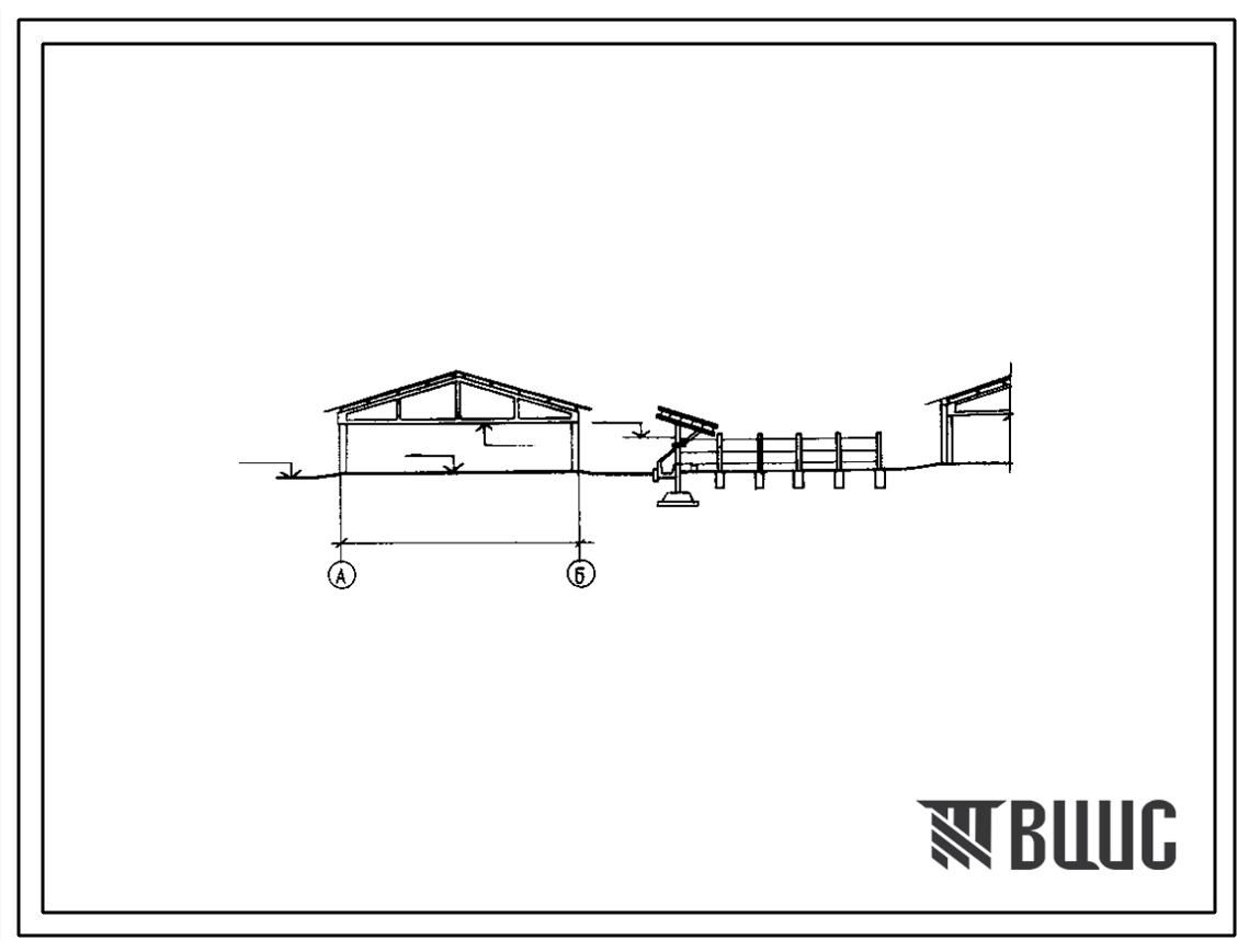 Типовой проект 807-20-12 Навес с водилом на 35 быков. Выгулы. Размеры здания -12x78 м. Расчетная температура: -20, -30, -40°С. Колонны – железобетонные. Покрытие - асбестоцементные листы по металлическим прогонам