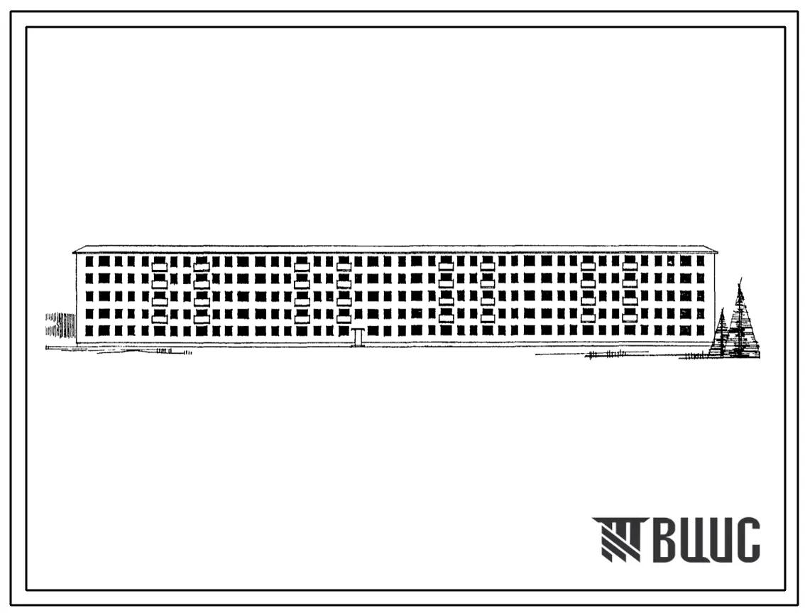 Типовой проект 1-447С-39 Пятиэтажный восьмисекционный дом на 129 квартир (однокомнатных 19, двухкомнатных 69, трехкомнатных 31, четырехкомнатных 10) со стенами из кирпича.