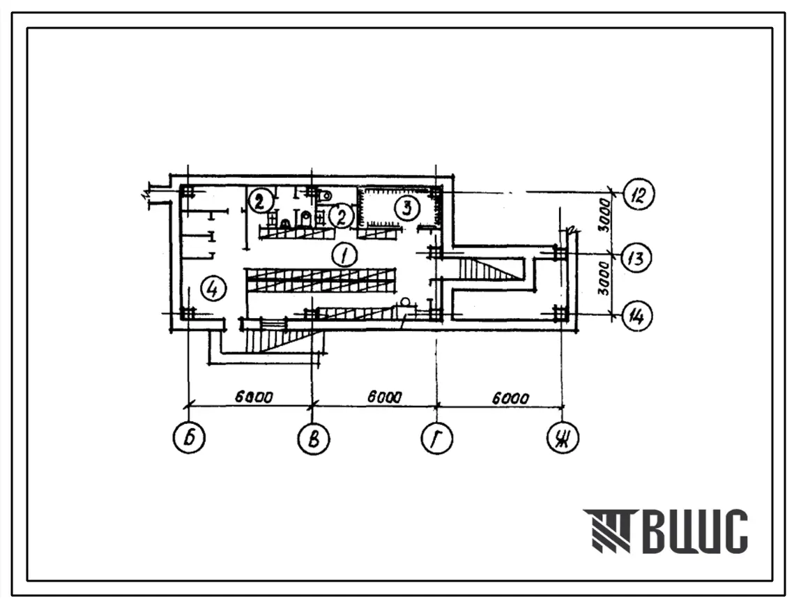 Типовой проект П-2-65(601-071.88) Помещения подвала районного узла связи для райцентров с населением до 10 тысяч человек, (убежище на 65 человек, размеры убежища 18м на 6м, режимы вентиляции 1,2).