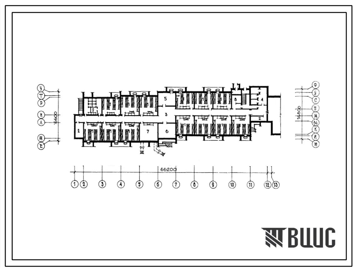 Типовой проект П-3-970(244-1-35) Хозяйственно-бытовые помещения в подвале спальных блоков №1 и №2 санатория кардиологического профиля на 500 мест, (убежище на 970 человек, размеры убежища 66,2м на 16,8м, режимы вентиляции 1,2).