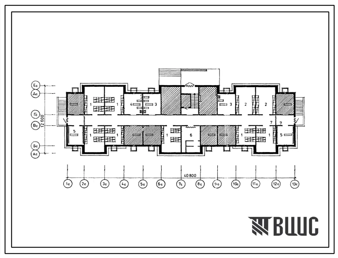 Типовой проект П-4-250(161-138-45с.13.87) Вспомогательные помещения в подвале 5-этажного общежития на 152 места для семейной молодежи, (убежище на 250 человек, размеры убежища 40,8м на 12,6м, режимы вентиляции 1,2).