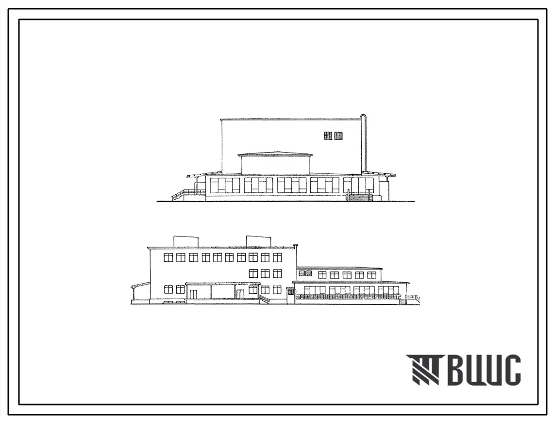 Типовой проект 2с-07-5 Комбинат полуфабрикатов на 15 тонн перерабатываемого сырья в 2 смены со столовой на 188 мест. Здание двух- и трехэтажное с подвалом. Стены кирпичные.