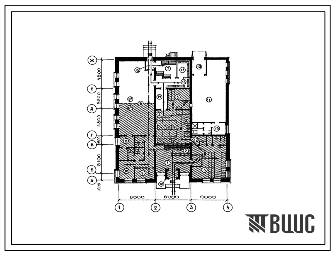 Типовой проект СП-64(284-4-104.84) Баня на 15 мест с прачечной самообслуживания на 100 кг сухого белья смену, (убежище на 64 человек, размеры убежища 21м на 18м, режимы вентиляции 1,2).