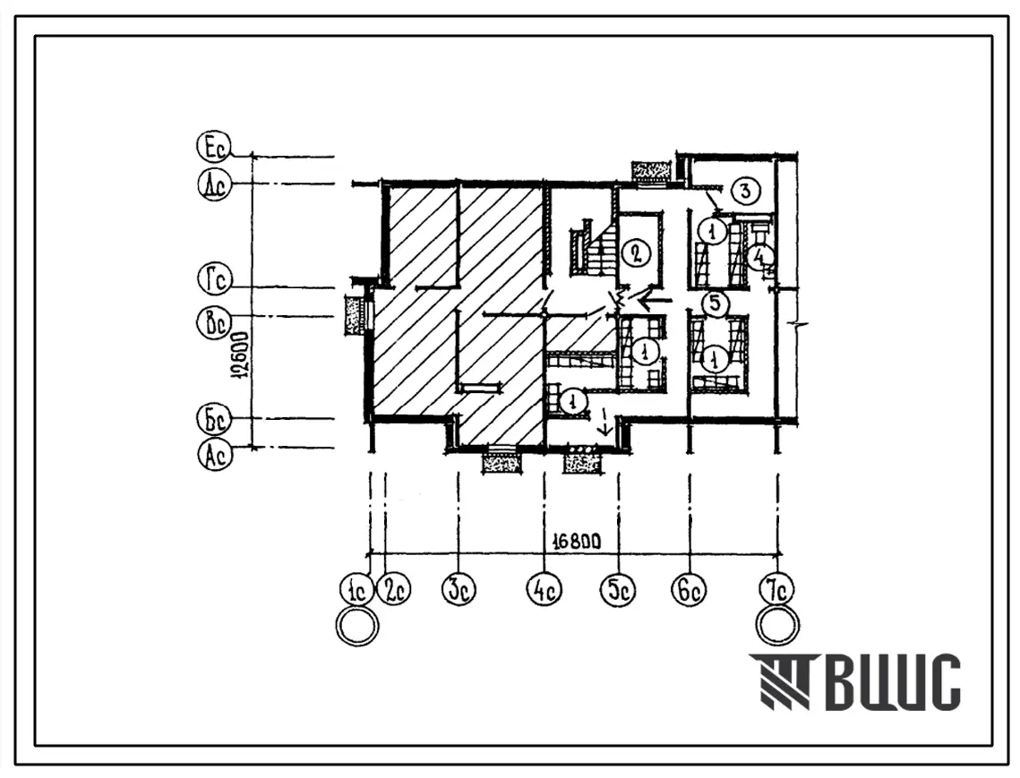 Типовой проект П-5-49(210-03,2) Бытовые помещения в подвале трехэтажной 6-квартирной торцовой блок-секции с квартирами 3б-4б (левой), (убежище на 49 человек, размеры убежища 16,8м на 12,6м, режимы вентиляции 1,2).