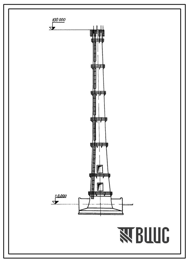Типовой проект 907-2-68с Труба дымовая железобетонная Н-100м; До-4,2м для заводов нефтеперерабатывающей и нефтехимической промышленности. Для строительства в 3 и 4 районах ветровой нагрузки, с сейсмичностью не более 7 баллов.