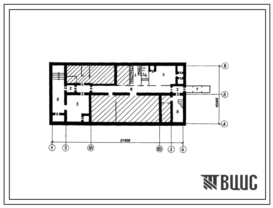 Типовой проект А-3-15(501-5-52.84) Хозяйственно-бытовые помещения в подвале дома связи (убежище на 15 человек, размеры убежища 27м на 12м, режимы вентиляции 1,2).