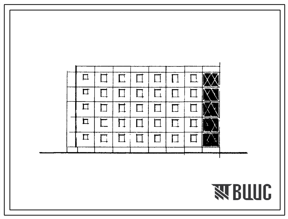 Типовой проект 105-025с Пятиэтажная блок-секция торцевая левая на 25 квартир (однокомнатных 1Б-10, двухкомнатных 2Б-10, трехкомнатных 3Б-5). Вариант с шагом поперечных стен 3,6 м. Для строительства в районах сейсмичностью 8 и 9 баллов в 3 климатическом ра