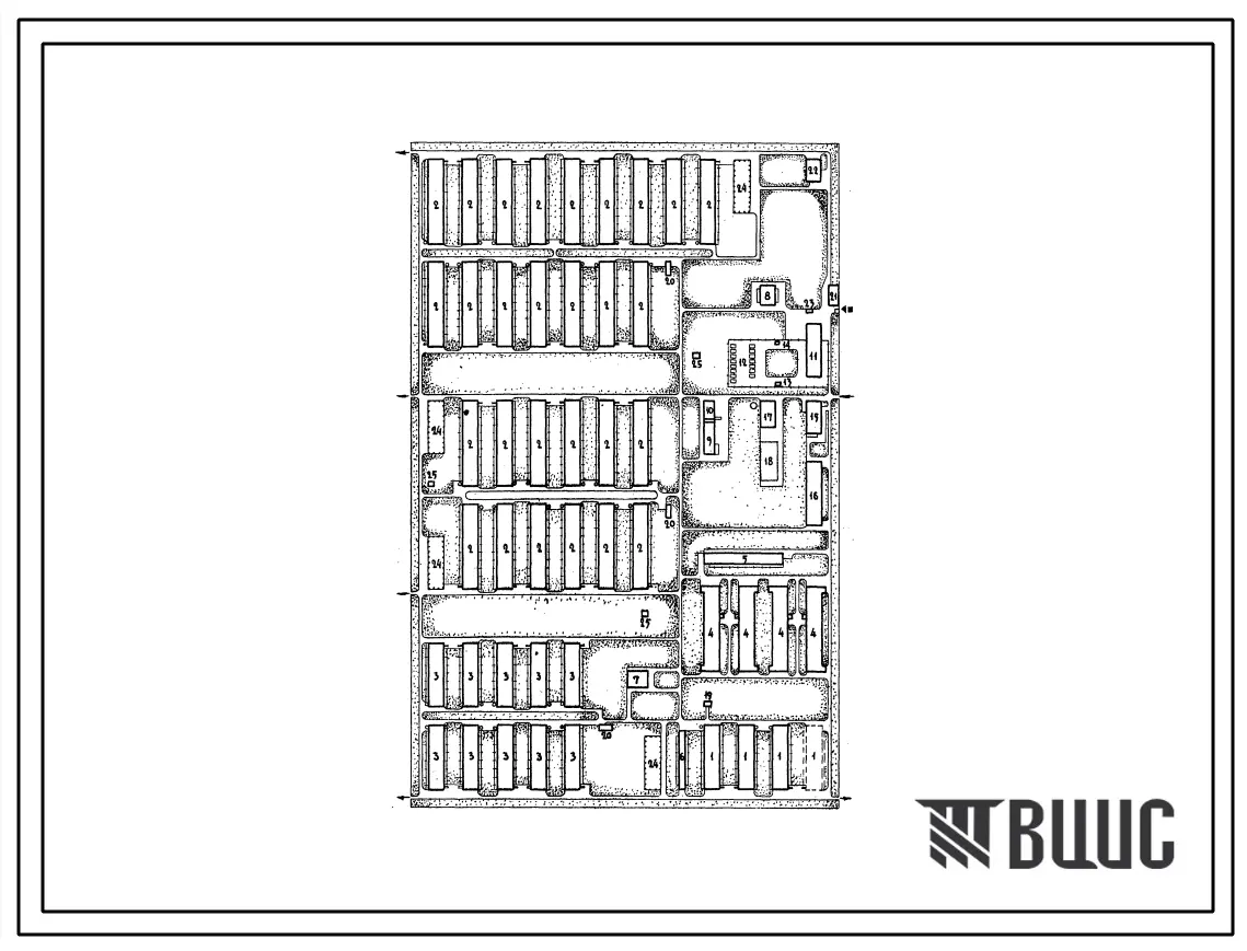 Типовой проект 819-13/66 Птицеводческая фабрика яичного направления на 200 тыс. кур-несушек (среднегодовое поголовье) с содержанием на глубокой подстилке.(Схема планировки).
