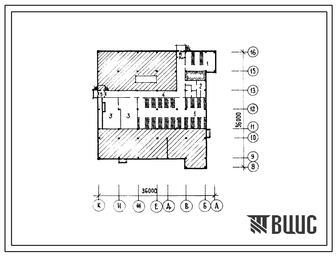 Типовой проект П-4-400(232-1-139.86) Хозяйственно-бытовые помещения в подвале универсального корпуса на 360 учащихся для ПТУ, (убежище на 400 человек, размеры убежища 36м на 36м, режимы вентиляции 1,2).
