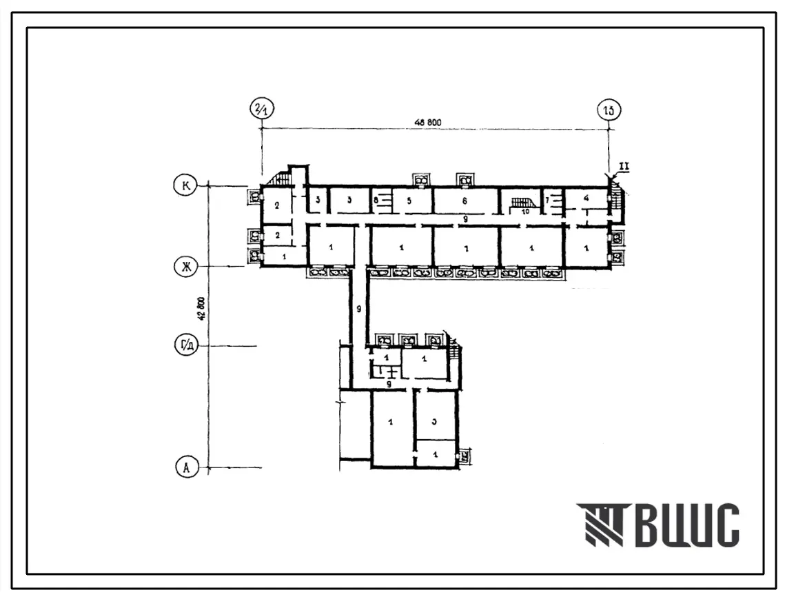 Типовой проект П-4-500(225-1-397с) Хозяйственно-бытовые помещения в подвале средней общеобразовательной школы на 12 классов (464 учащихся), (убежище на 500 человек, размеры убежища 48,8м на 42,8м, режимы вентиляции 1,2).