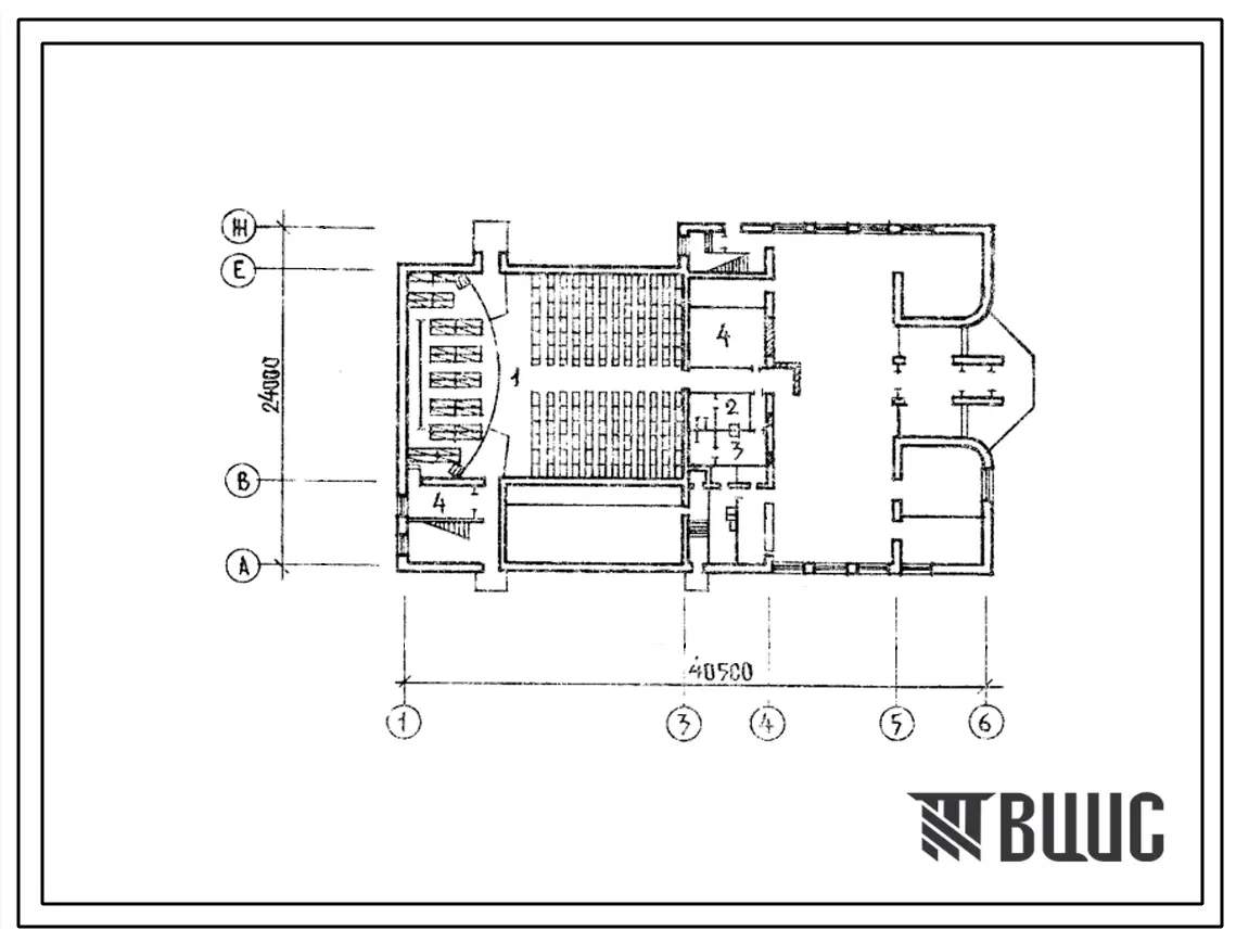 Типовой проект Б-3-390(264-13-104) двойное использование помещений 1го этажа детского кинотеатра на 300 мест со стенами из кирпича, (убежище на 390 человек, размеры убежища 40,5м на 24м, режимы вентиляции 1,2,3).