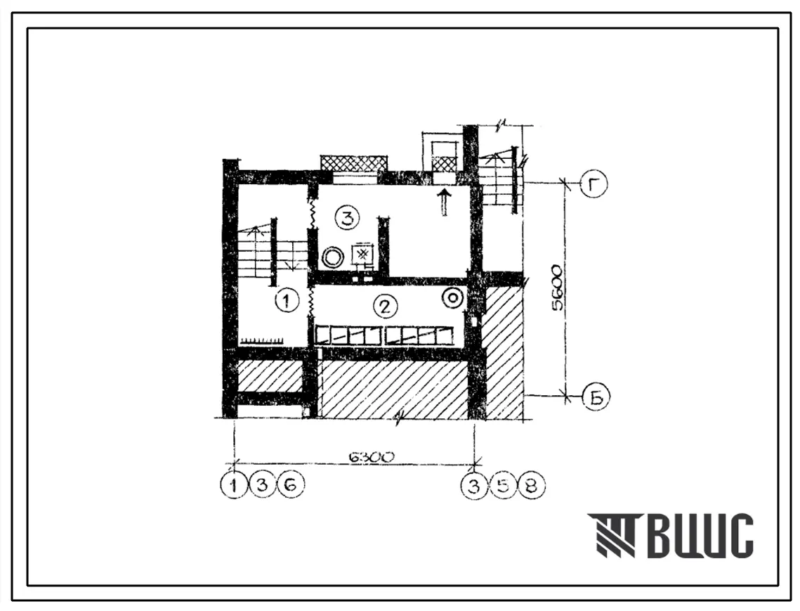 Типовой проект Б-2-30(144-22-58.1) Хозяйственно-бытовые помещения,приспосабливаемые под ПРУ в подвале блокированного жилого дома на 4 квартиры по 3 и 4 комнаты, (убежище на 30 человек, размеры убежища 6,3м на 5,6м, режимы вентиляции 1).