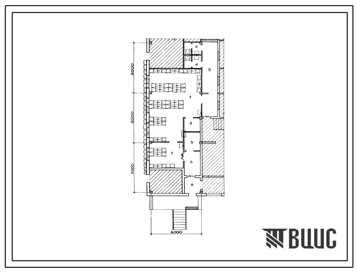 Типовой проект П-2-4)-92(416-1-149.84) Бытовые помещения административно-бытового корпуса книжной базы с библиотечным коллектором, приспосабливаемые под ПРУ (убежище на 92 человека, размеры убежища 18м на 6м, режимы вентиляции 1,2).
