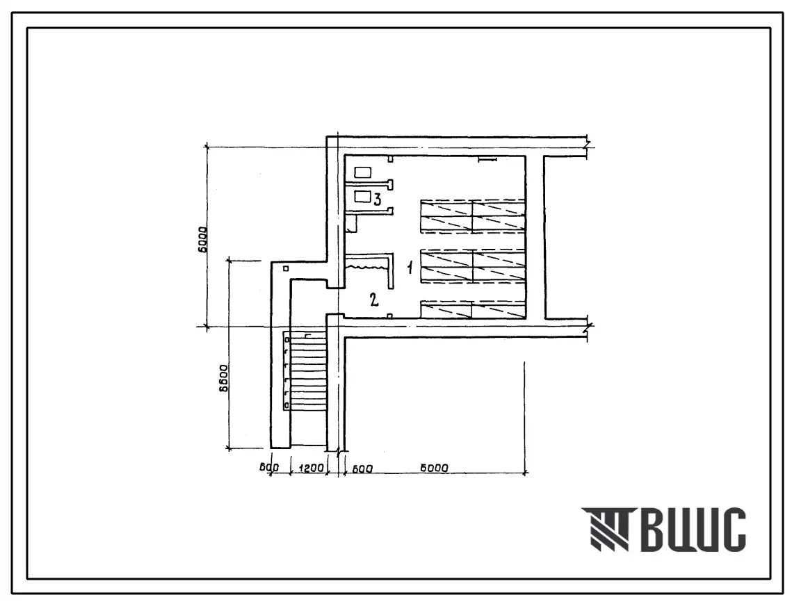 Типовой проект П-2(П-4)-50(416-7-266.87) Хозяйственные помещения в подвале производственного здания ремонтно-эксплуатационного пункта электросетей, приспосабливаемые под ПРУ (убежище на 500 человек, размеры убежища 14,6м на 8,4м, режимы вентиляции 1,2).